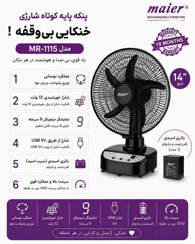 پنکه پایه کوتاه شارژی تمام حرفهای مایر آلمان مدل MR_1115